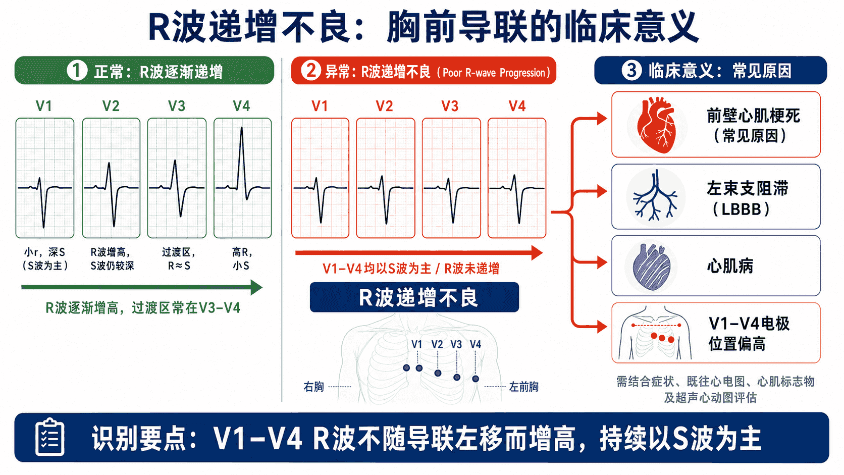 正常与不良的 R 波递增对照：V1–V4 过渡区多在 V3–V4，若持续以 S 波为主则需考虑前壁心肌梗死、左束支阻滞、心肌病或电极位置偏高