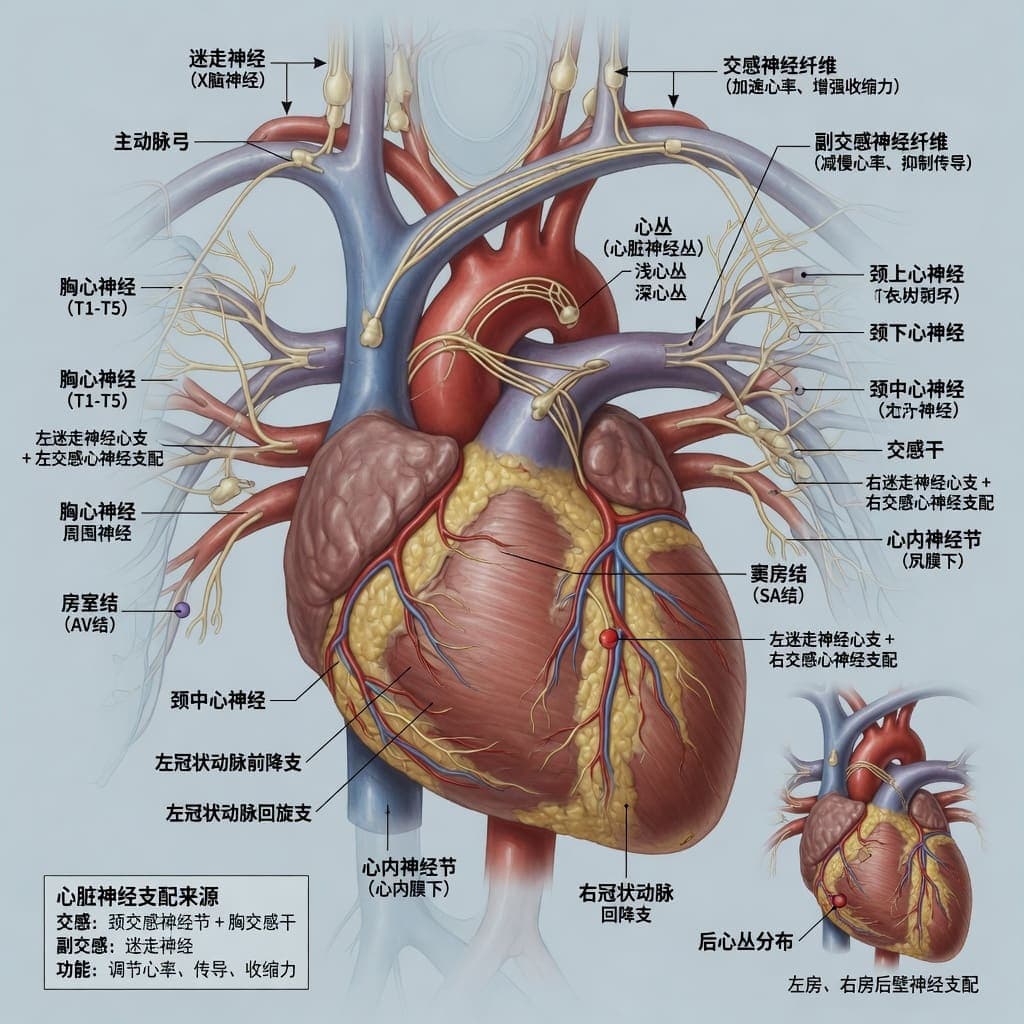 心脏交感神经、迷走神经与心内神经节分布