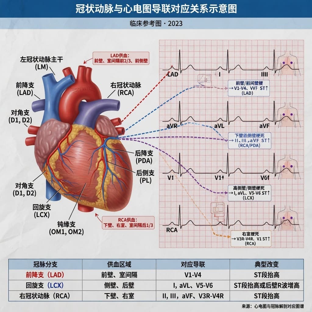 冠状动脉供血区域与心电图导联对应关系