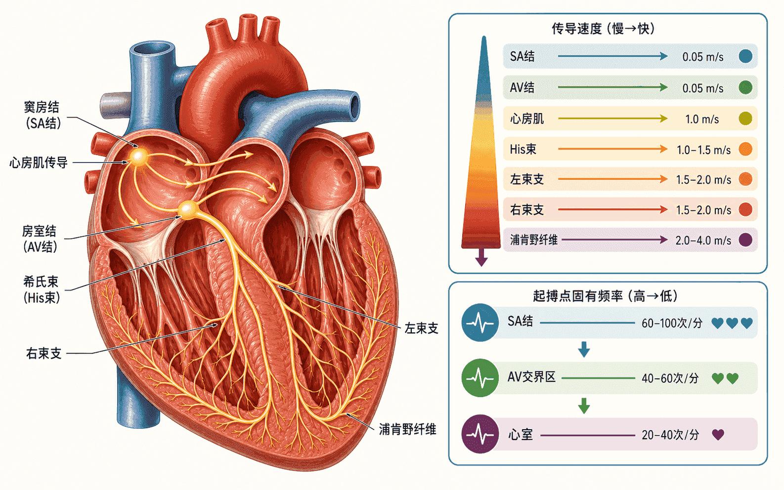 心脏传导系统路径、传导速度与各级起搏点固有频率示意图