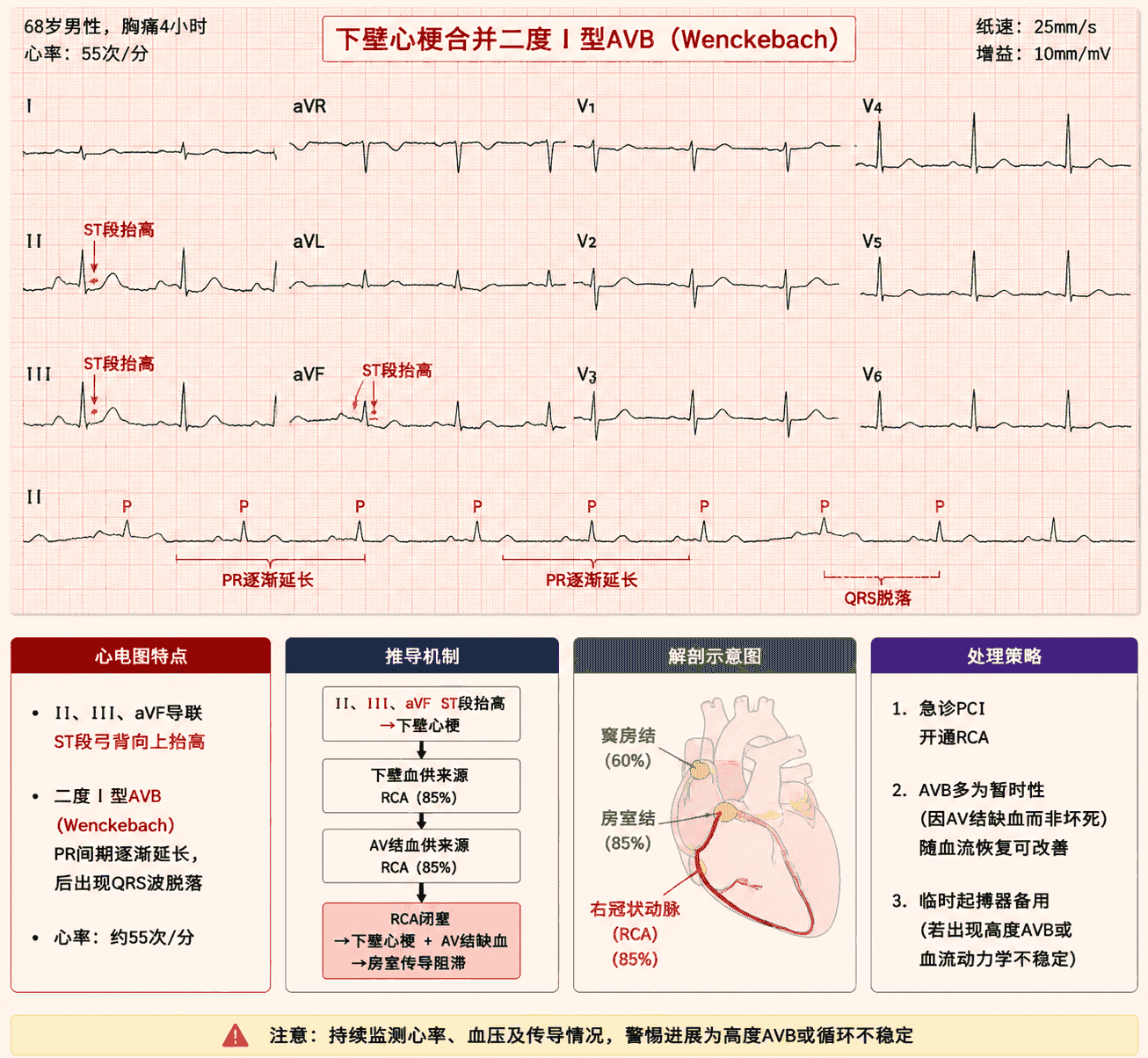 下壁心梗合并Wenckebach心电图:II/III/aVF ST抬高 + PR逐渐延长